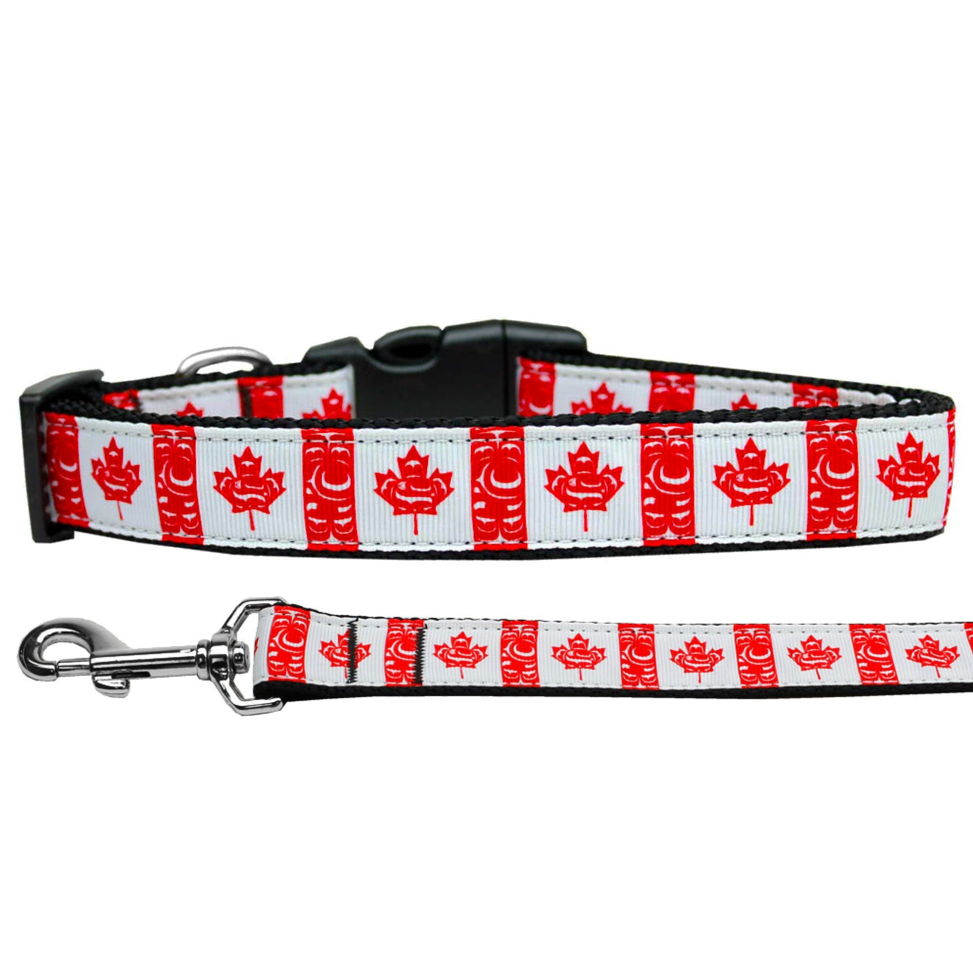 Stylish nylon collar and leash for pets featuring a Canadian Flag design in swirls, suitable for dogs and cats.