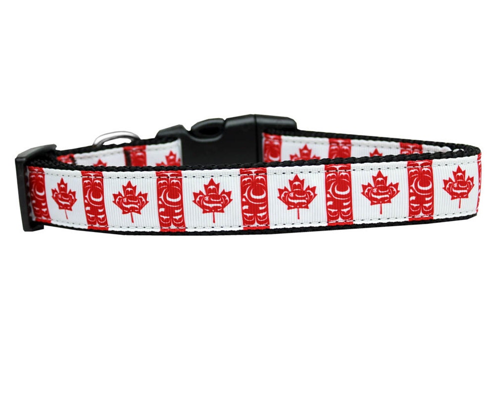 Stylish nylon collar and leash for pets featuring a Canadian Flag design in swirls, suitable for dogs and cats.