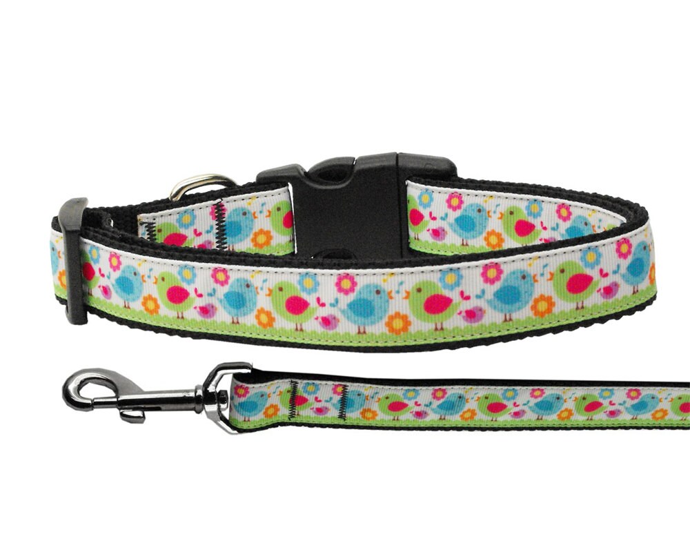 A colorful nylon collar and leash set for pets featuring a 'Chirpy Chicks' design, showcasing vibrant colors and durable materials.
