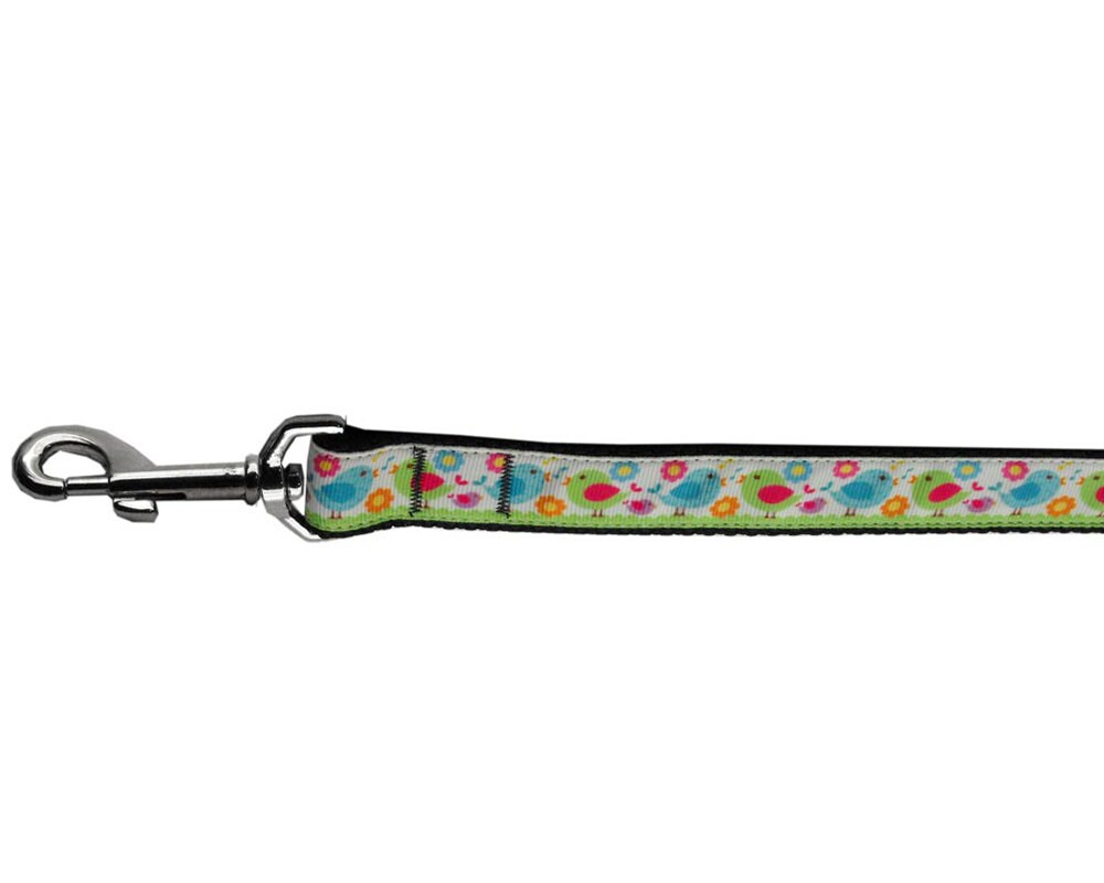A colorful nylon collar and leash set for pets featuring a 'Chirpy Chicks' design, showcasing vibrant colors and durable materials.