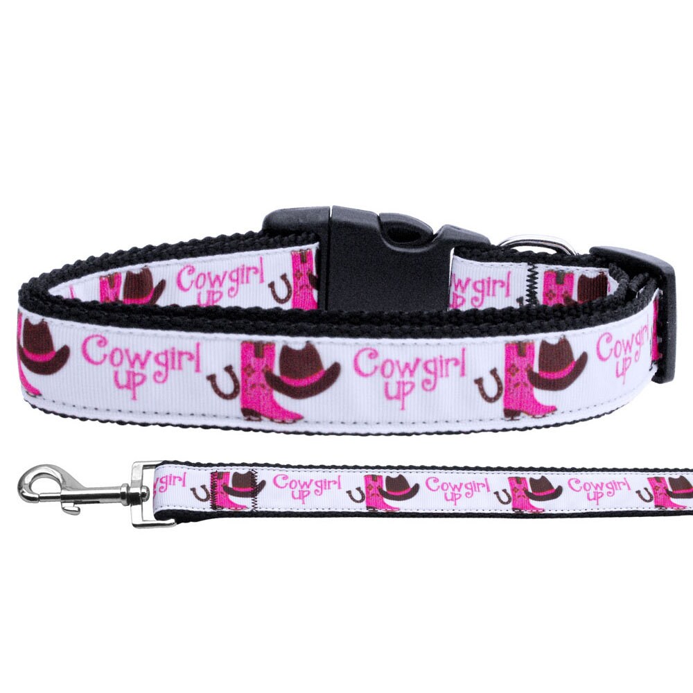 Stylish nylon collar and leash set for pets, featuring a fashionable 'Cowgirl Up' design with military-grade durability.