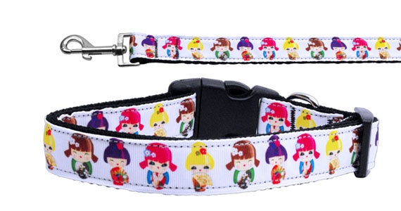 A vibrant nylon collar and leash set for dogs and cats, featuring a colorful 'Crazy for Kimonos' ribbon design, showcasing durability and style.