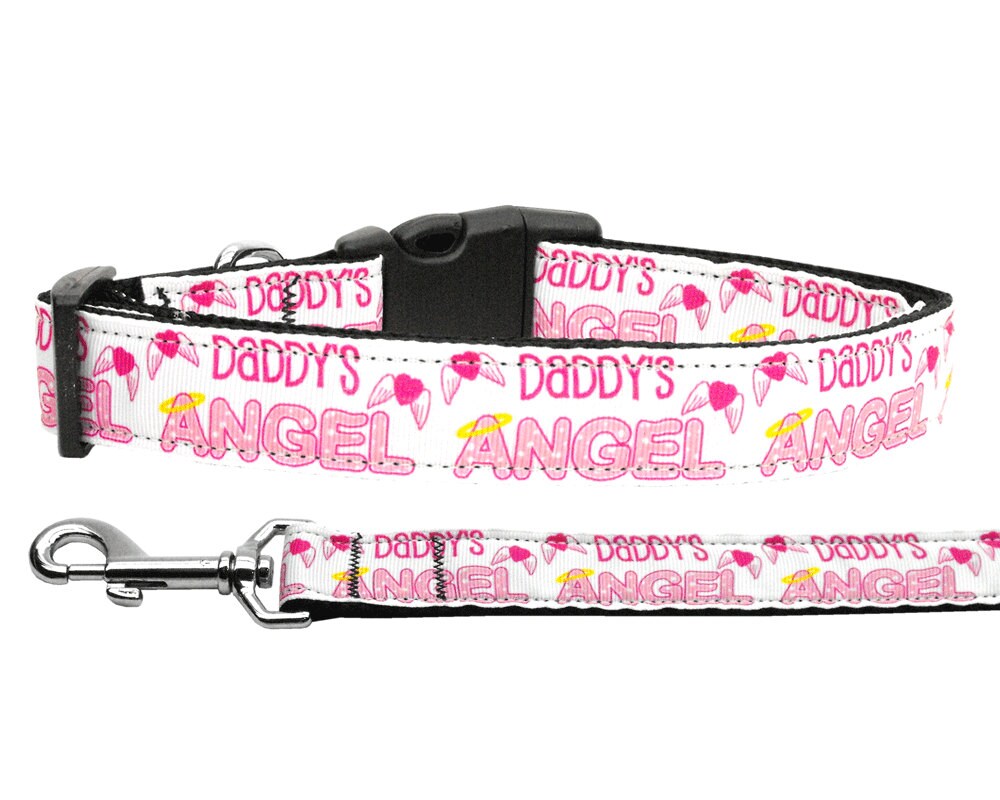 A stylish nylon collar and leash set for pets, featuring a fashionable ribbon design with the text 'Daddy's Angel'.