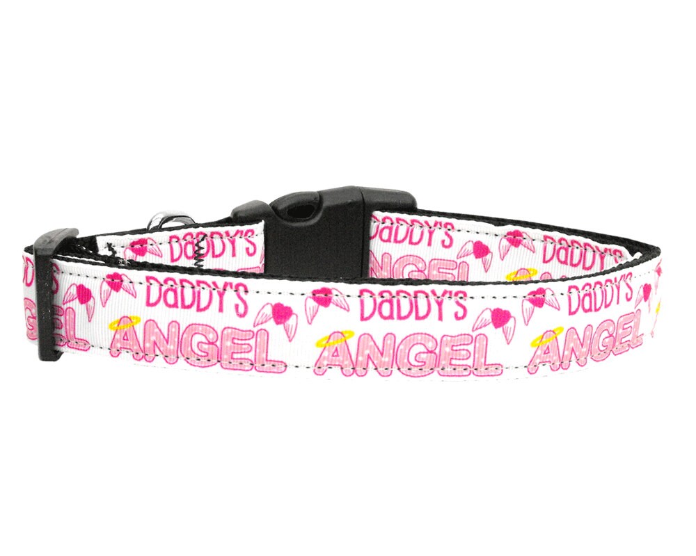 A stylish nylon collar and leash set for pets, featuring a fashionable ribbon design with the text 'Daddy's Angel'.
