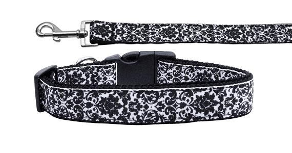 Fancy black and white nylon collar and leash for dogs and cats, showcasing a stylish design with durable materials.