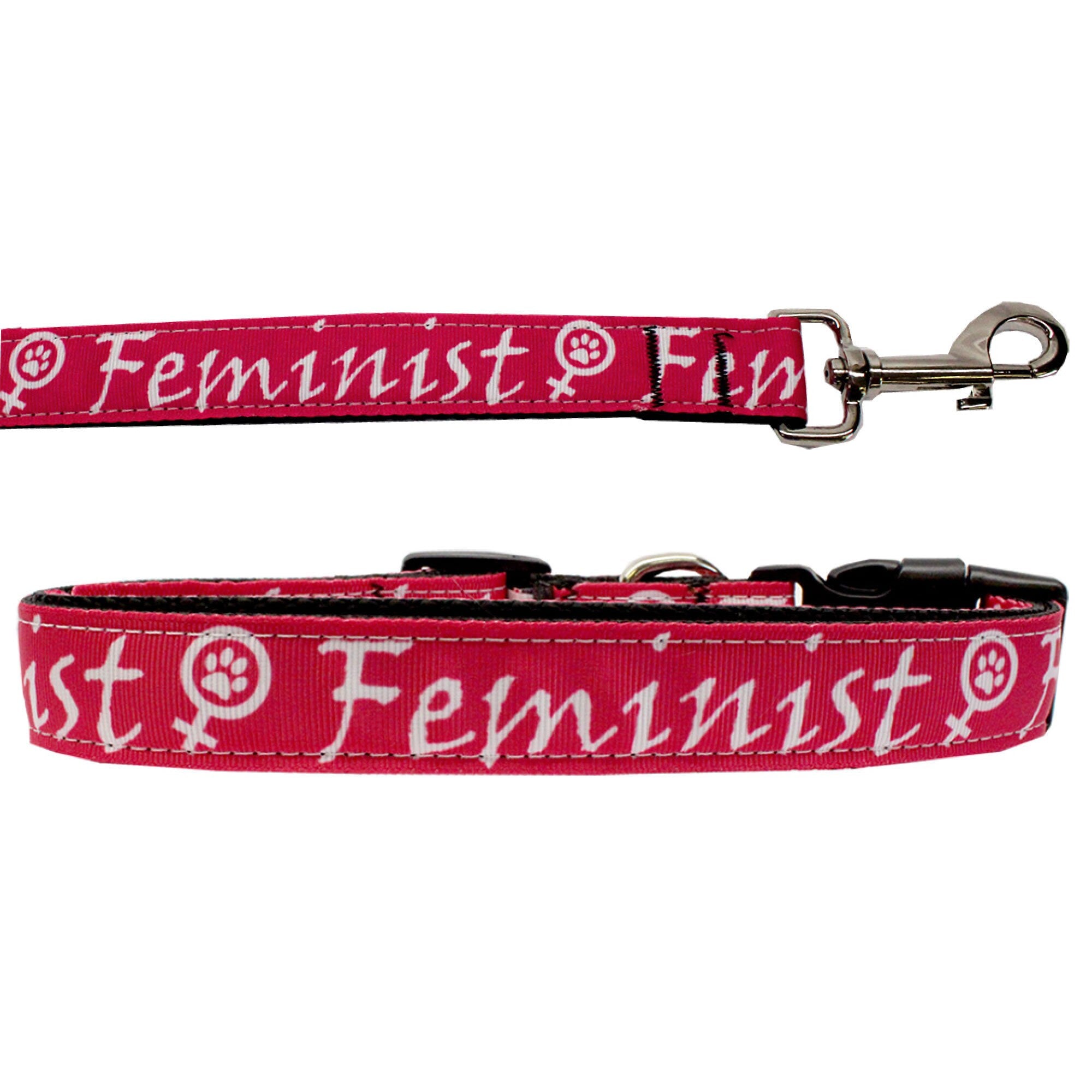 A stylish 'Feminist' nylon collar and leash set for dogs and cats, featuring military-grade nylon and a high-quality ribbon design.