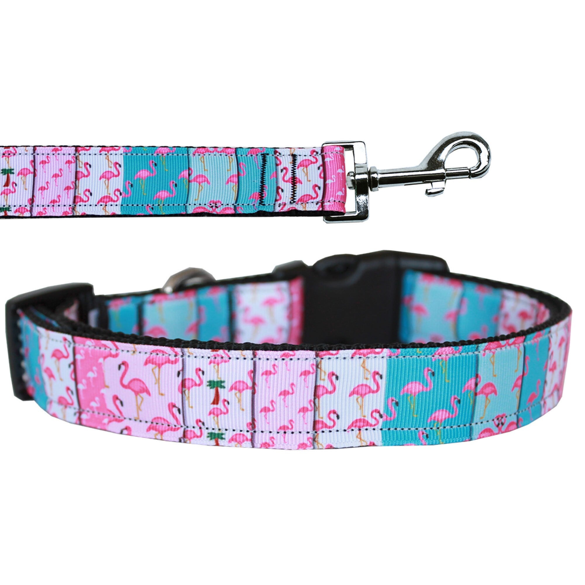 Colorful nylon collar and leash for pets featuring a flamingo design, showcasing durability and style.