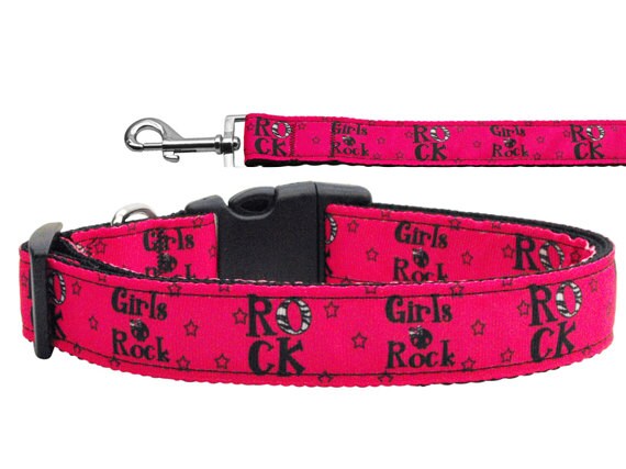 A vibrant nylon collar and leash set for pets featuring the design 'Girls Rock', suitable for both dogs and cats.