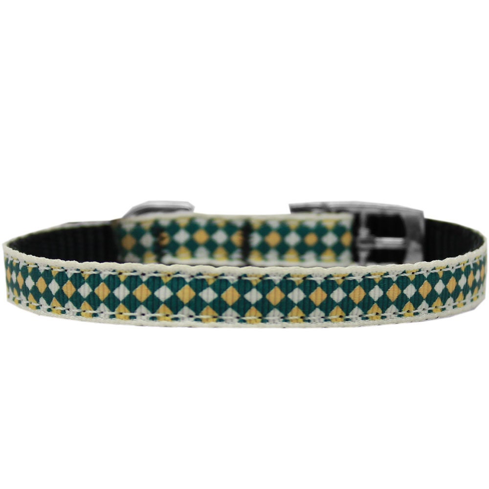 A stylish green checkers nylon collar and leash set for dogs and cats, showcasing its durable design and vibrant colors.
