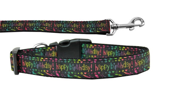 A colorful nylon collar and leash set for pets featuring a 'Happy Birthday' design, suitable for both dogs and cats.
