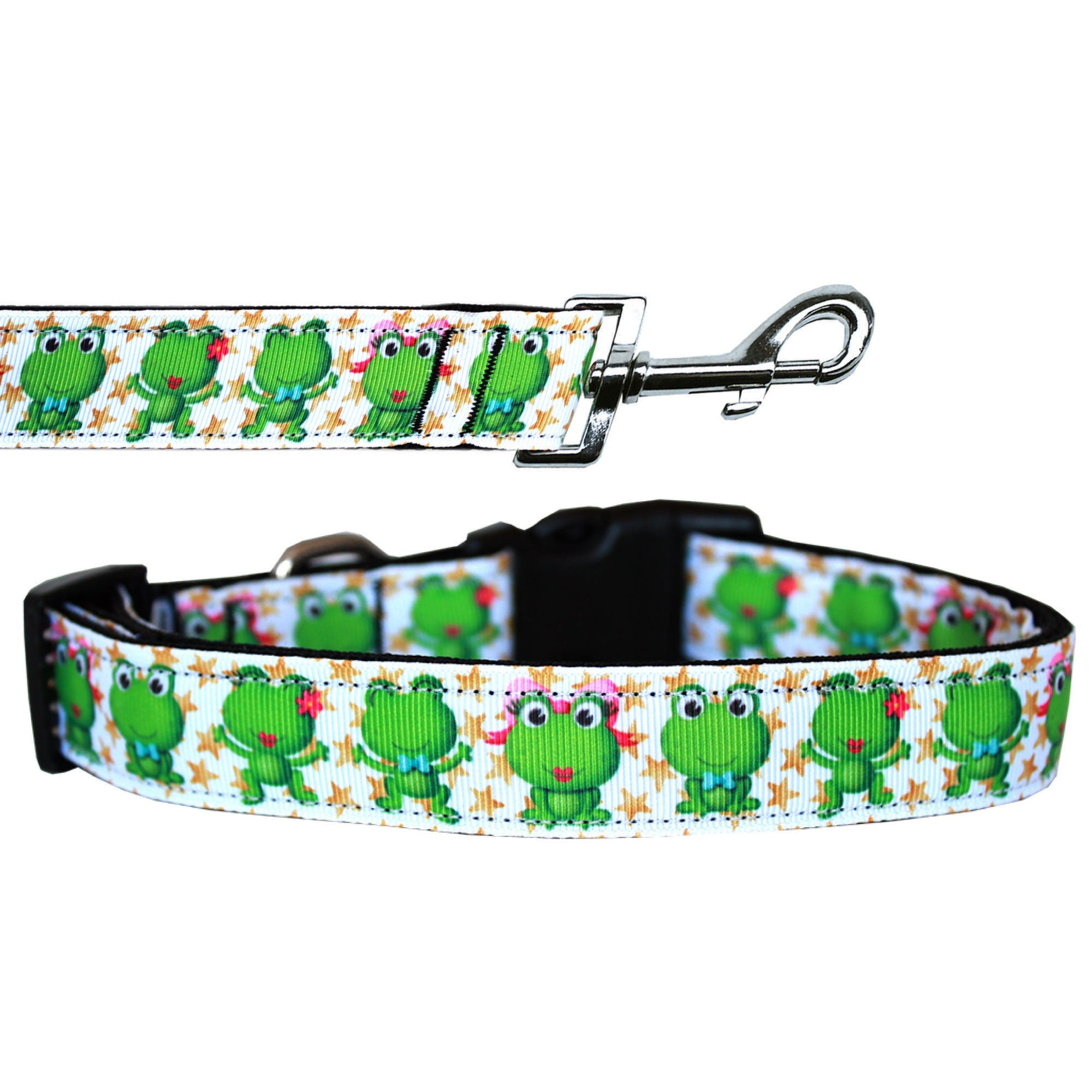 A colorful nylon collar and leash set for pets featuring a playful 'Happy Frogs' design, showcasing durability and style.