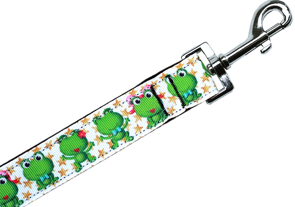A colorful nylon collar and leash set for pets featuring a playful 'Happy Frogs' design, showcasing durability and style.