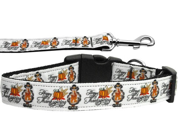 A stylish nylon collar and leash set for pets, featuring a festive Thanksgiving design, suitable for both dogs and cats.