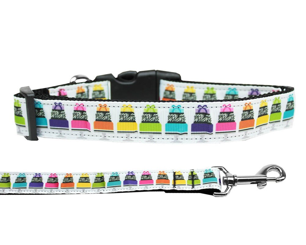 A stylish nylon collar and leash set for dogs and cats, featuring a vibrant 'Have Your Cake' design with a durable military-grade construction.