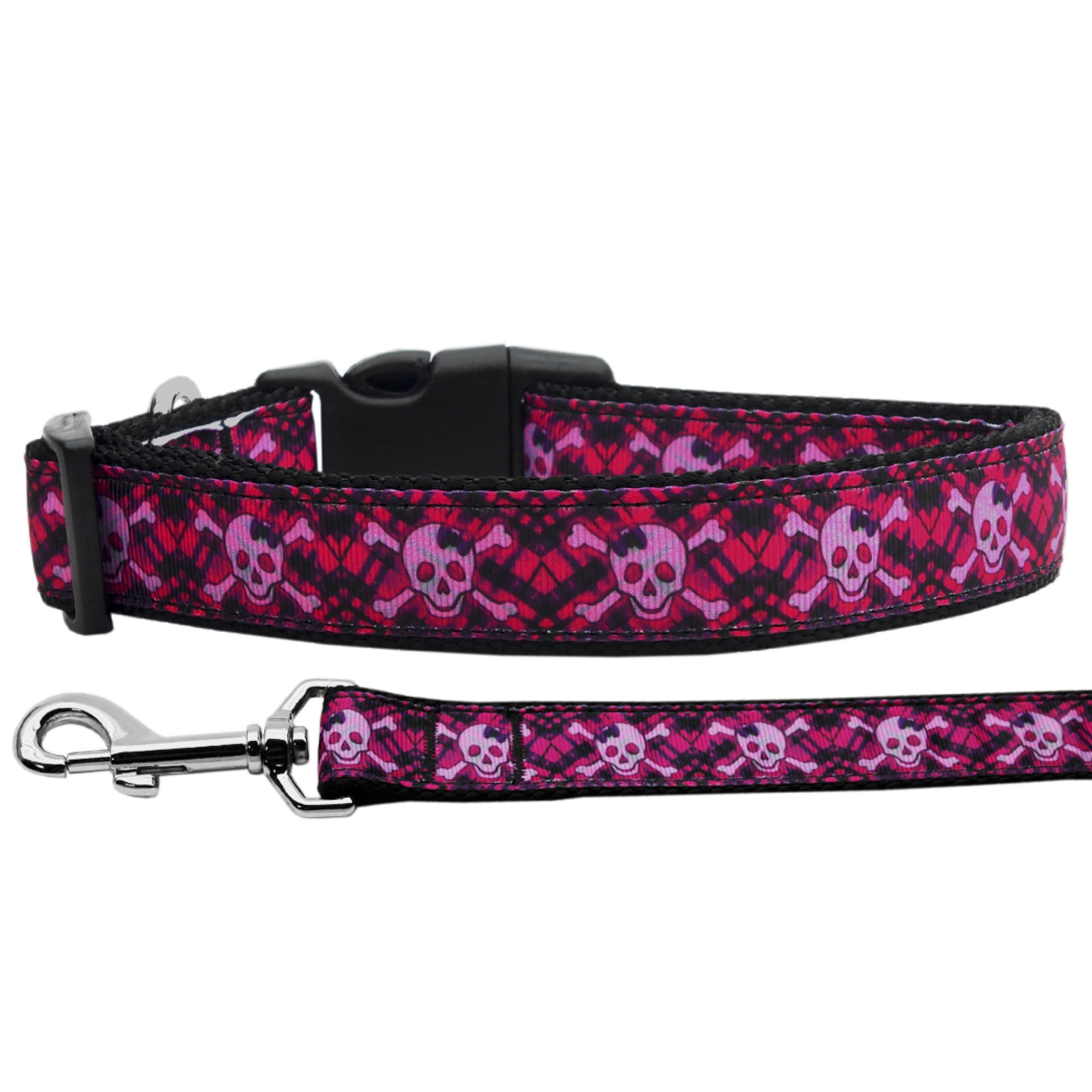 Hot Pink Plaid Skulls nylon collar and leash for pets, featuring a stylish design and durable construction.