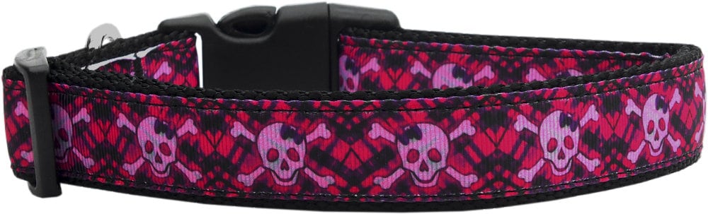 Hot Pink Plaid Skulls nylon collar and leash for pets, featuring a stylish design and durable construction.