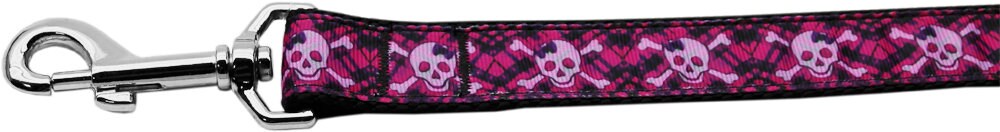 Hot Pink Plaid Skulls nylon collar and leash for pets, featuring a stylish design and durable construction.