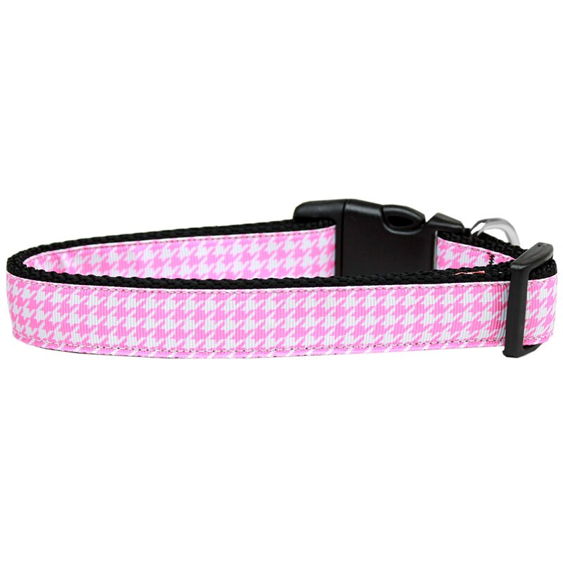 Houndstooth Pink nylon collar and leash for pets, featuring durable military-grade nylon and stylish ribbon design.