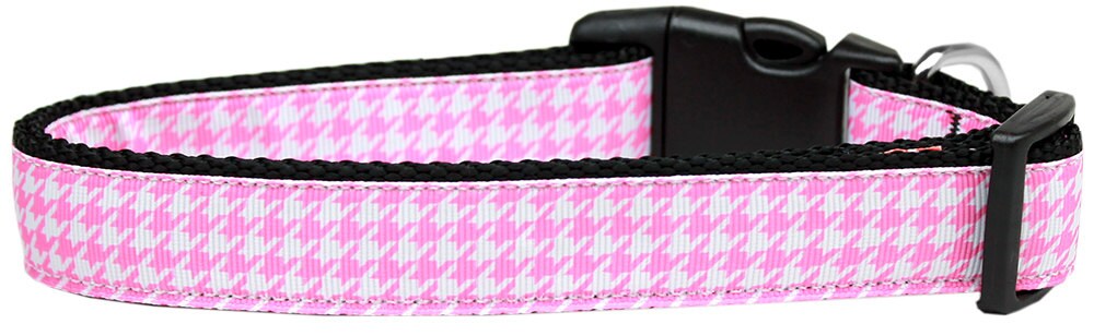 Houndstooth Pink nylon collar and leash for pets, featuring durable military-grade nylon and stylish ribbon design.
