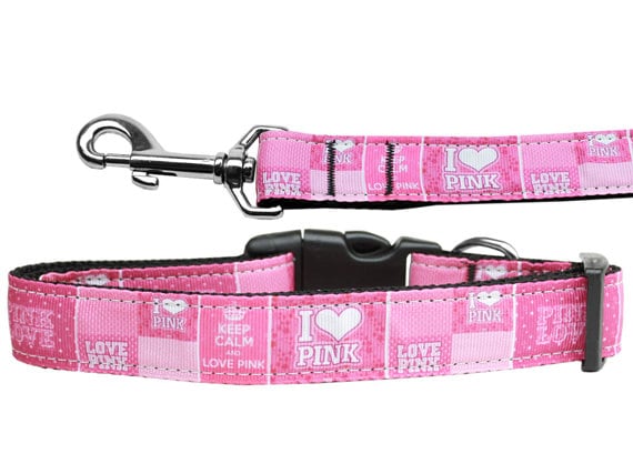 I Heart Pink nylon collar and leash for dogs and cats, featuring a stylish design and durable construction.