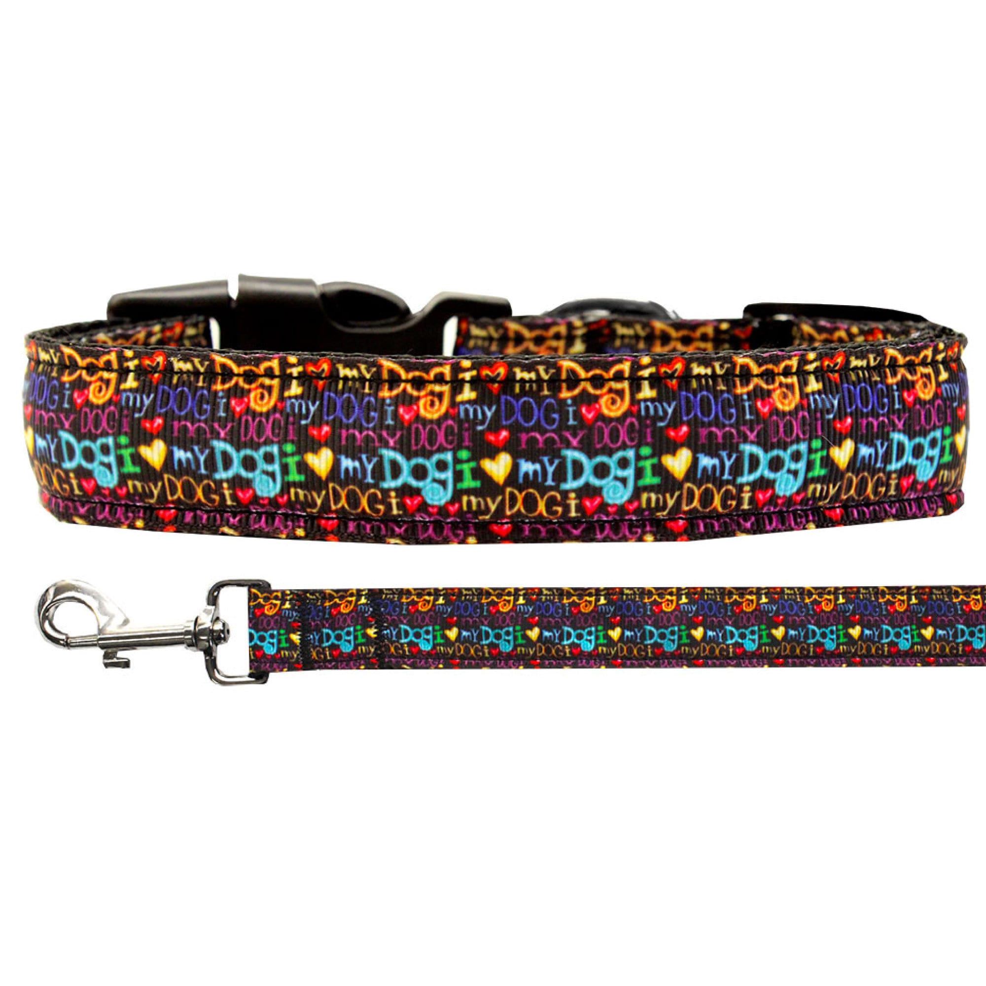 A stylish nylon collar and leash set for dogs and cats, featuring the phrase 'I Love My Dog' with a durable design.