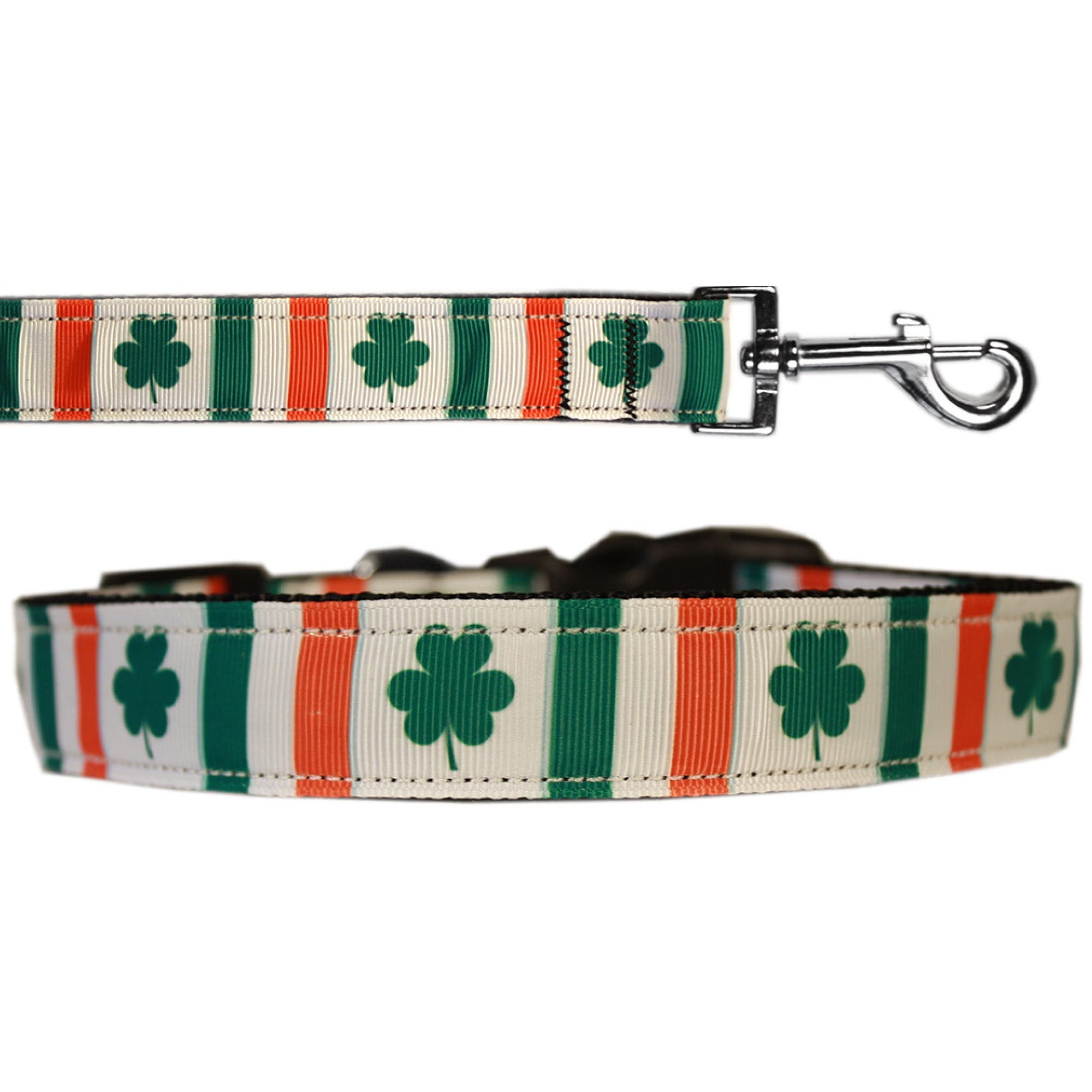 Irish Pride nylon collar and leash for dogs and cats, featuring military-grade nylon and stylish ribbon design.