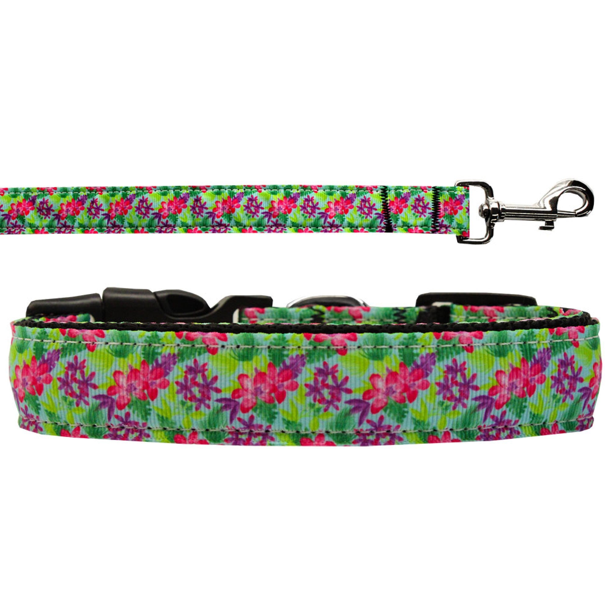 Colorful nylon collar and leash for pets featuring a vibrant 'Island Flowers' design, suitable for dogs and cats.