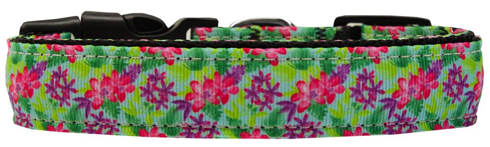 Colorful nylon collar and leash for pets featuring a vibrant 'Island Flowers' design, suitable for dogs and cats.