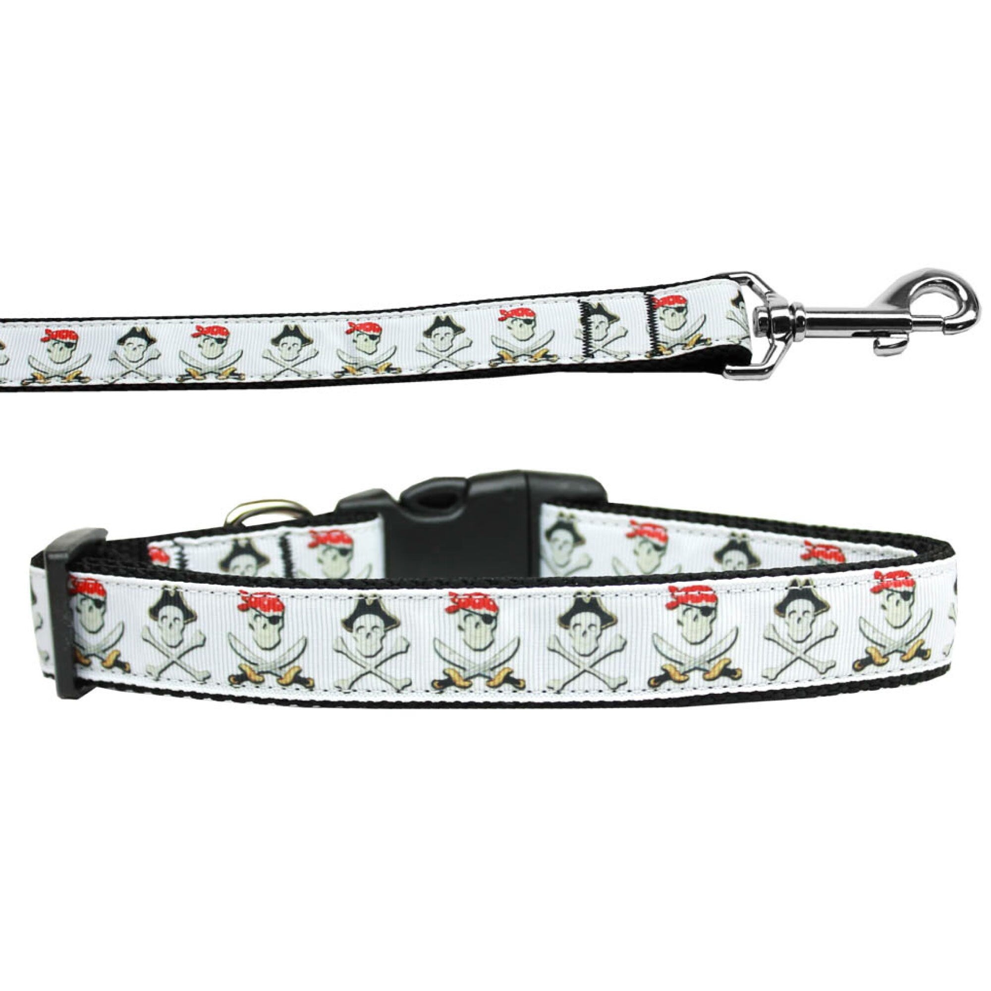 A stylish Jolly Roger nylon collar and leash set for dogs and cats, featuring a unique design and durable construction.