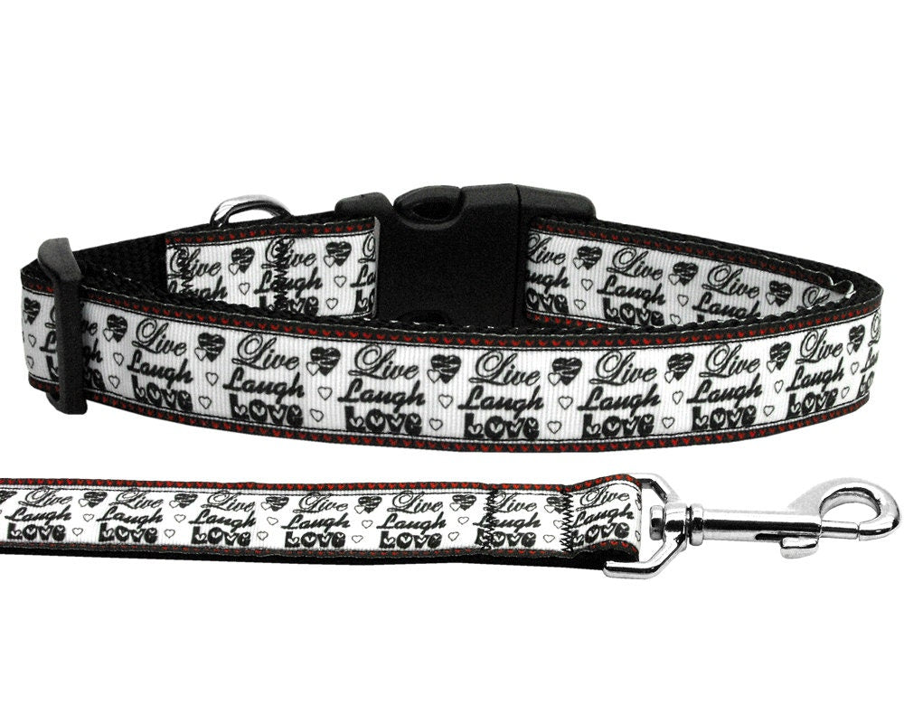 Pet dog and cat nylon collar and leash with 'Live Laugh and Love' design, showcasing vibrant colors and durable materials.