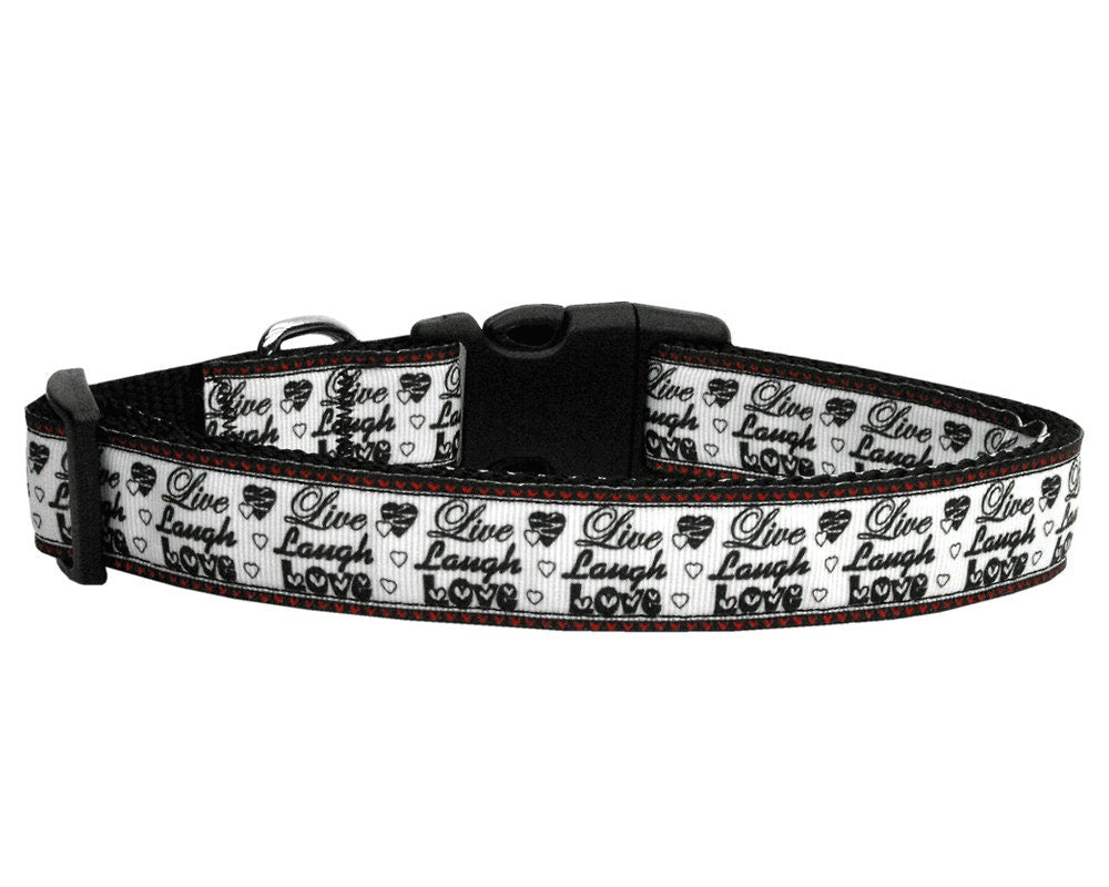 Pet dog and cat nylon collar and leash with 'Live Laugh and Love' design, showcasing vibrant colors and durable materials.