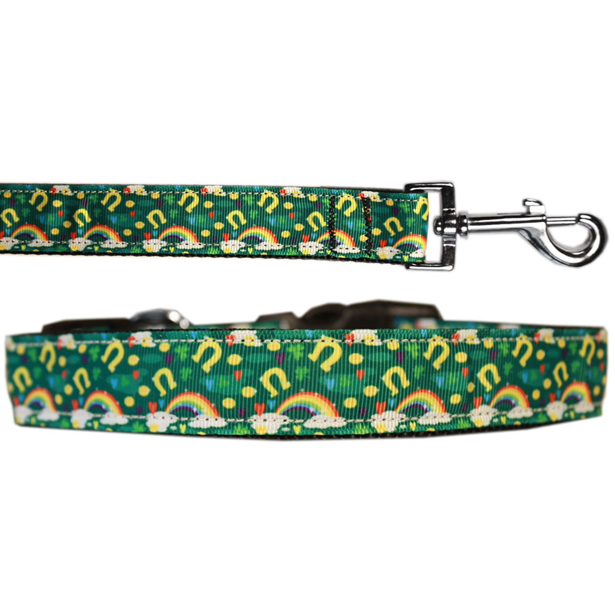 A colorful nylon collar and leash set for dogs and cats featuring Lucky Puppy Charms design, showcasing durability and style.