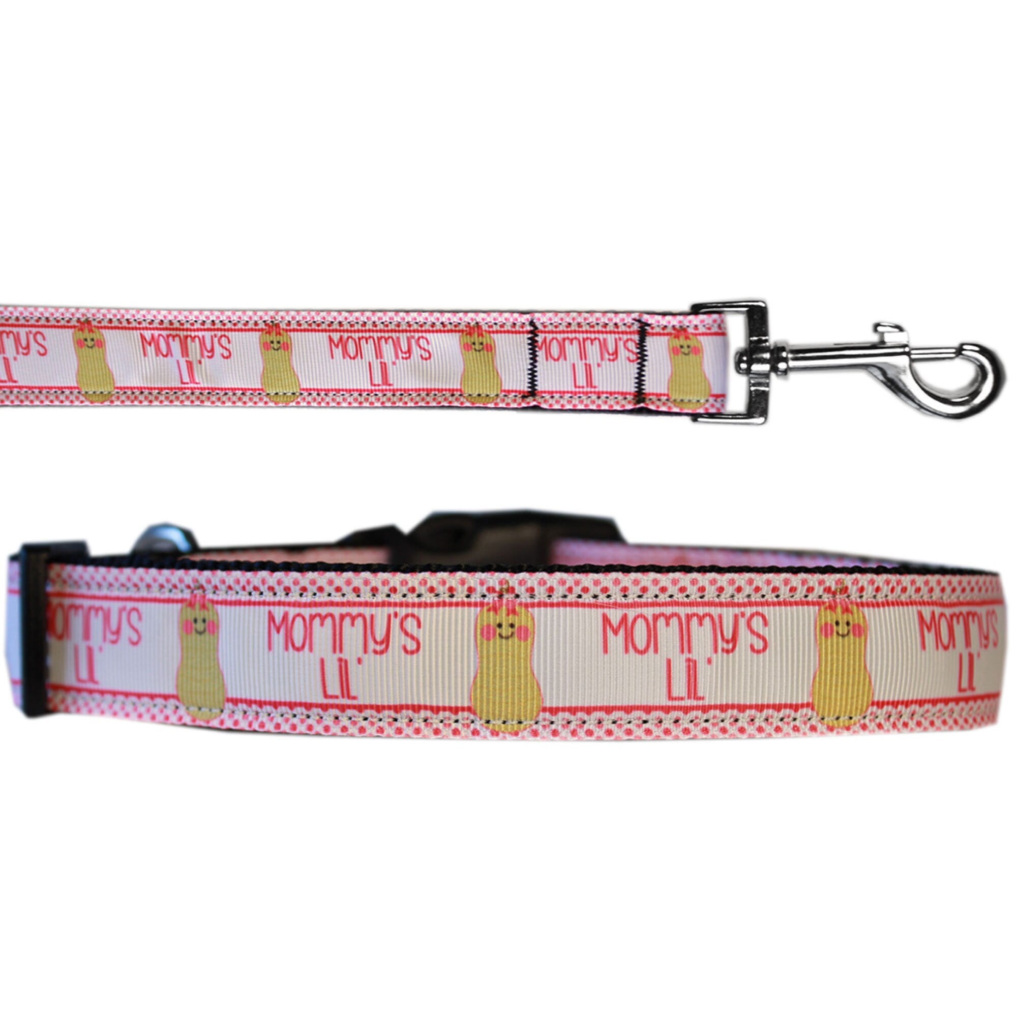 A stylish nylon collar and leash set for pets, featuring a colorful ribbon design with the text 'Mommy's Lil Peanut'.