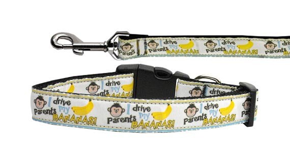 A vibrant nylon collar and leash set for pets featuring a playful 'Monkey Madness' design, showcasing durability and style.