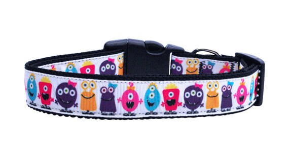 A colorful nylon collar and leash set for pets featuring a fun 'Monsters' design, showcasing durability and style.