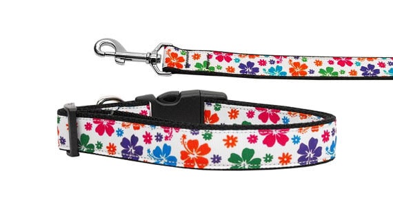Multi-Colored Hawaiian Hibiscus nylon collar and leash for pets, showcasing vibrant floral design and durable construction.