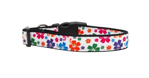 Multi-Colored Hawaiian Hibiscus nylon collar and leash for pets, showcasing vibrant floral design and durable construction.