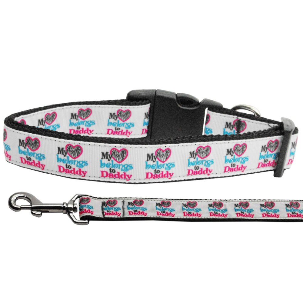 A stylish nylon collar and leash set for pets, featuring the phrase 'My Heart Belongs To Daddy', showcasing vibrant colors and durable design.