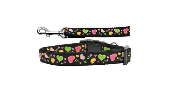 A vibrant 'Neon Love' nylon collar and leash set for dogs and cats, showcasing a stylish design with military-grade durability.