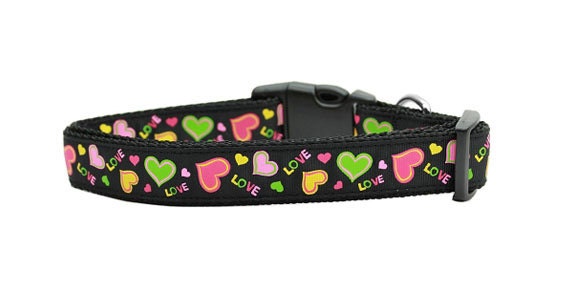 A vibrant 'Neon Love' nylon collar and leash set for dogs and cats, showcasing a stylish design with military-grade durability.