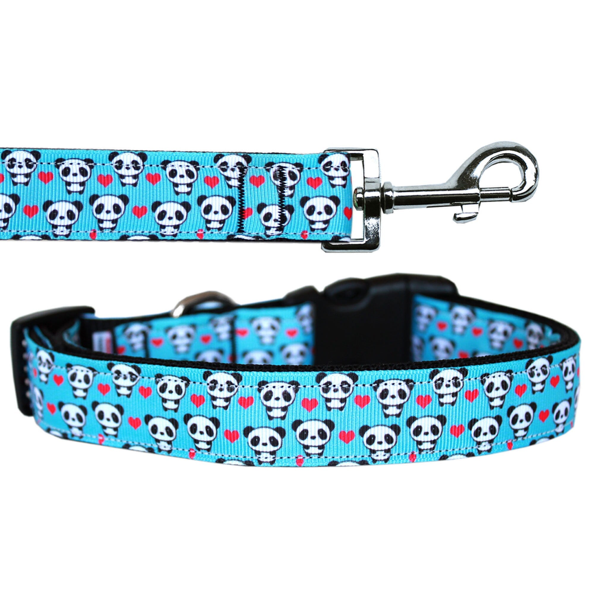 A stylish nylon collar and leash set for pets featuring a 'Panda Love' design, showcasing durability and safety features.