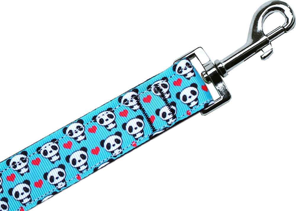 A stylish nylon collar and leash set for pets featuring a 'Panda Love' design, showcasing durability and safety features.