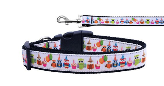 Colorful nylon collar and leash for pets featuring a playful 'Party Owls' design, showcasing durability and style.