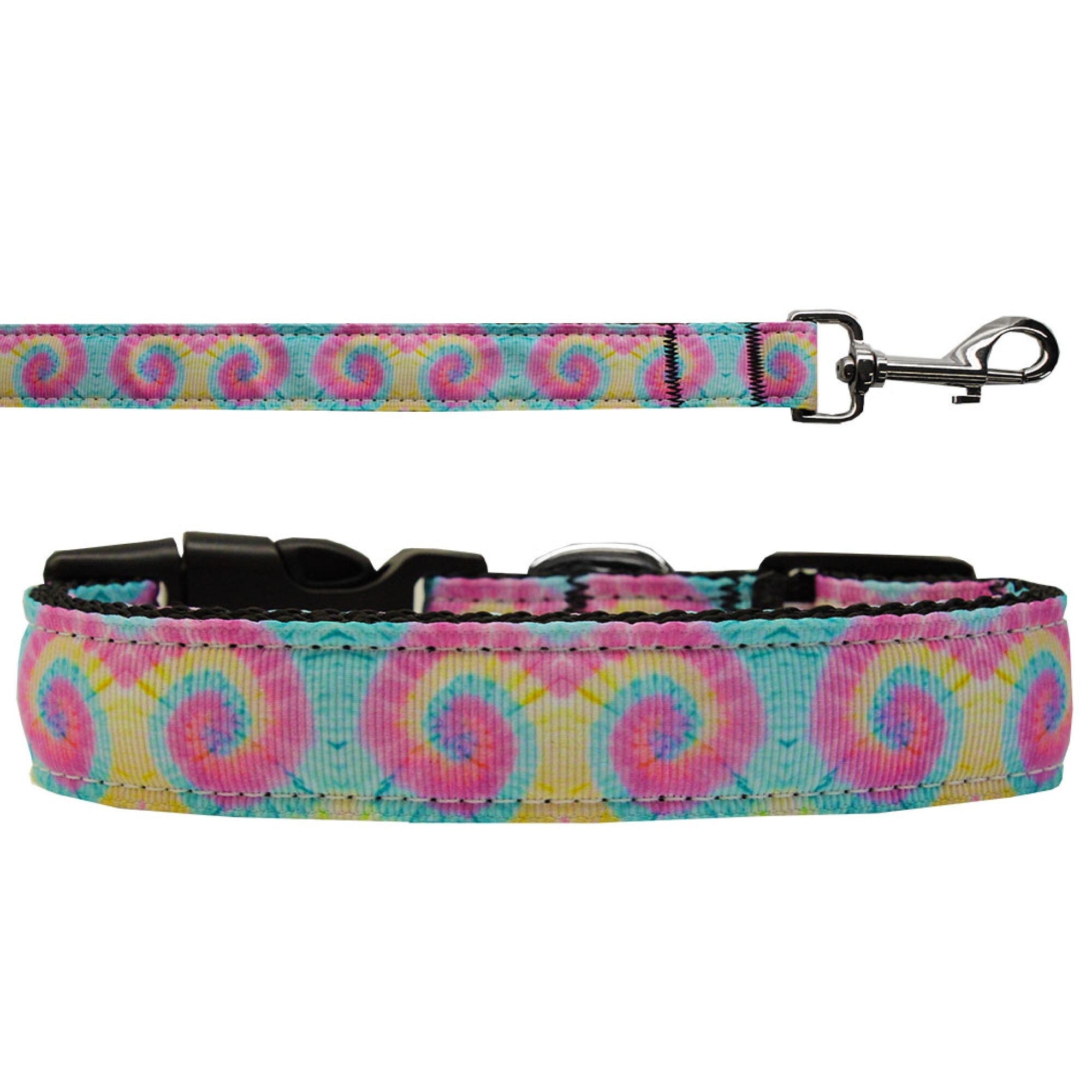 Pastel Tie Dye nylon collar and leash for dogs and cats, showcasing vibrant colors and durable design.