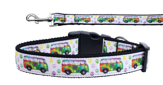 A colorful nylon collar and leash set for pets featuring the 'Peace Bus' design, showcasing vibrant colors and durable materials.