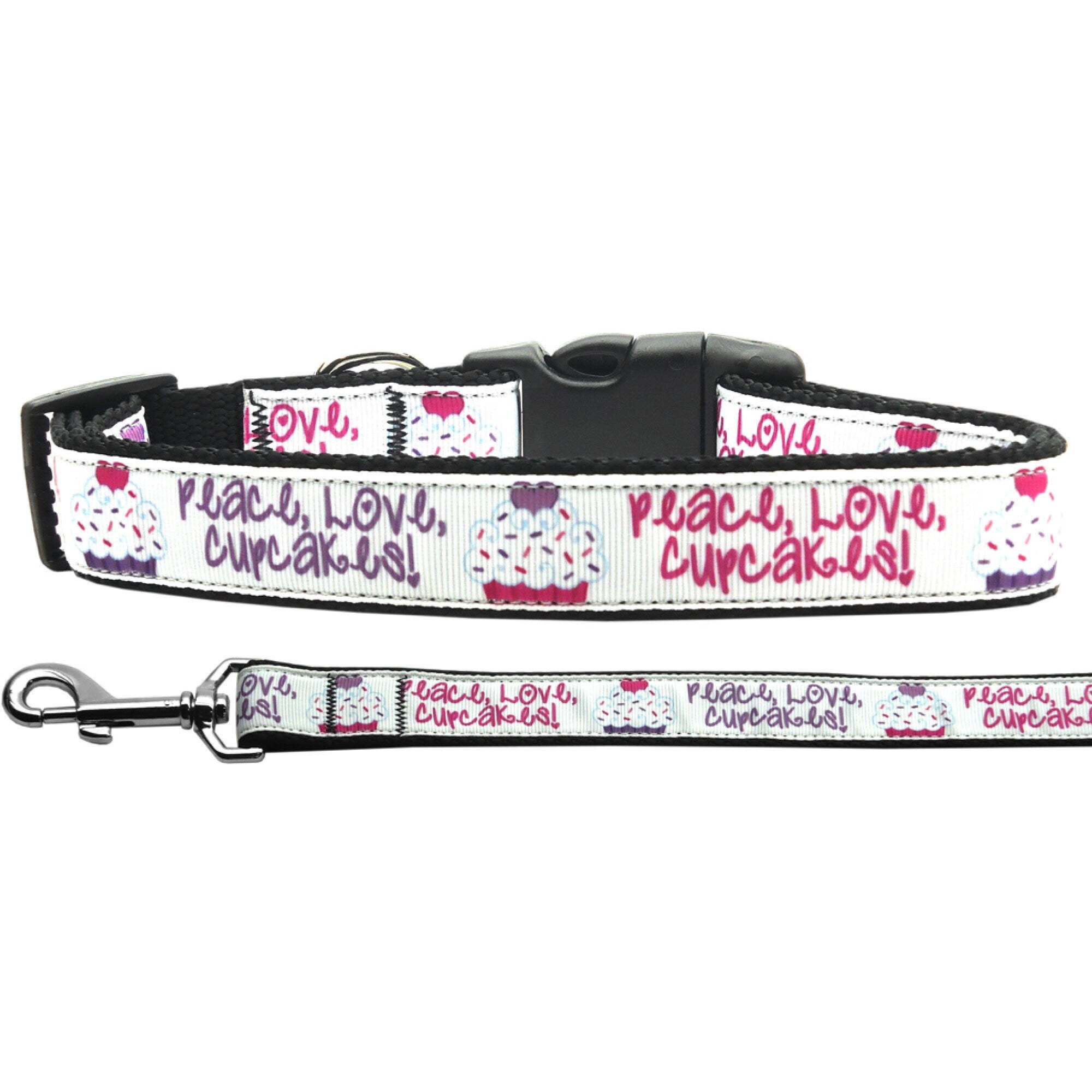 Colorful nylon collar and leash for pets featuring 'Peace Love Cupcakes' design, showcasing durability and style.