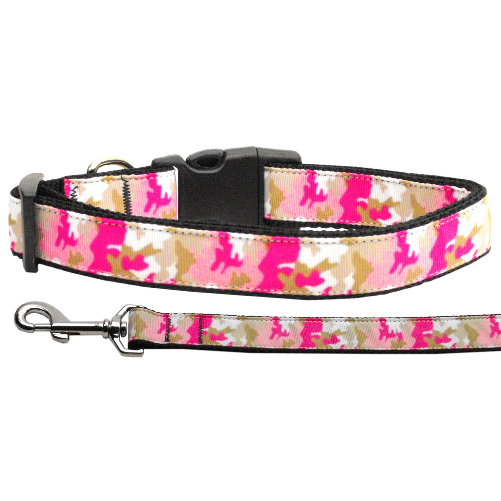 Pink camo nylon collar and leash for dogs and cats, showcasing durable material and stylish design.