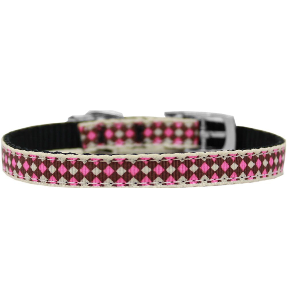 A stylish pink checkers nylon collar and leash set for dogs and cats, showcasing its durable design and vibrant colors.