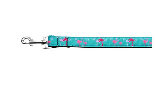 A vibrant pink nylon collar and leash featuring a pink flamingo design, suitable for dogs and cats, showcasing durability and style.