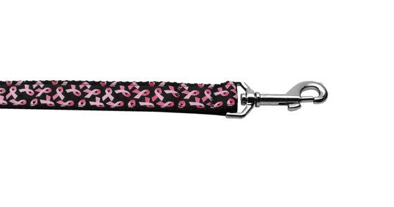 Stylish pet collar and leash featuring pink ribbons on a black nylon background, suitable for dogs and cats.